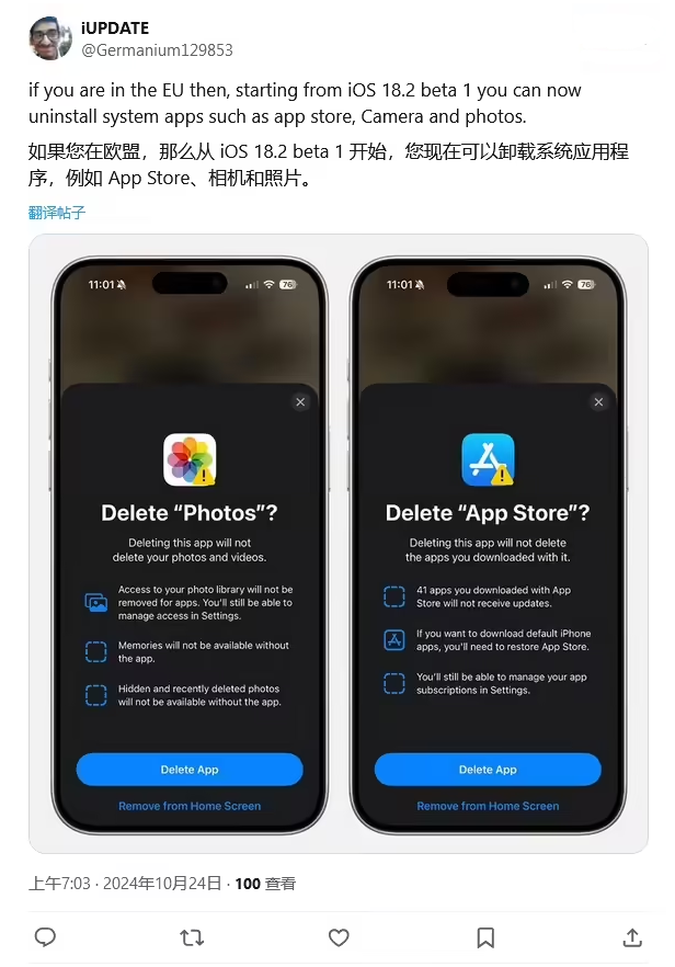 洛江苹果手机维修分享iOS 18.2 支持删除 App Store 应用商店 